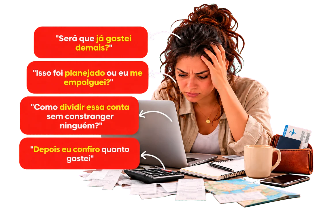 Mulher preocupada diante do notebook, cercada de recibos, pensando: será que já gastei demais? isso foi planejado ou eu me empolguei? como dividir essa conta sem constranger ninguém? depois eu confiro quanto gastei